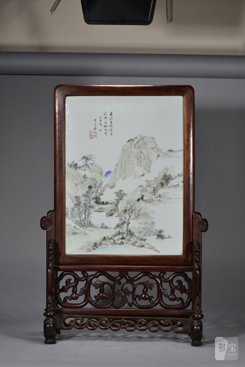 清光绪 程门浅绛彩江村幽居图瓷板插屏 - 图2